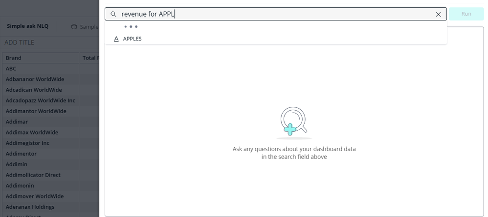 Screenshot of a data query interface with a search bar at the top where the text 'revenue for APPL' is entered. Below the search bar, a suggestion labeled 'APPLES' appears. The central area of the screen features a magnifying glass icon with a plus symbol, along with a prompt that reads, 'Ask any questions about your dashboard data in the search field above.' On the left side, a partially visible list shows brand names in a table format, starting with 'ABC' and including other brand names like 'Adbananor WorldWide' and 'Ademegistor Inc.' The 'Run' button is grayed out in the top right corner.