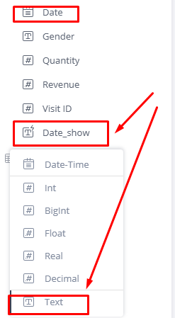 ALT text: A screenshot of a user interface displaying a list of fields labeled "Date," "Gender," "Quantity," "Revenue," "Visit ID," and "Date_show." There is a dropdown menu under "Date_show" showing various data types, including "Date-Time," "Int," "BigInt," "Float," "Real," "Decimal," and "Text." The interface uses a red highlight for the "Date","Date_Show", and "Text"  sections.