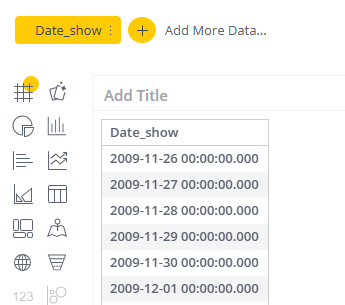 ALT text: A user interface section showing a sidebar with icons for different functions, including a grid icon, a filter icon, and a help icon. Below the icons is a table titled "Add Title" with timestamps listed from November 26, 2009, to December 1, 2009. Each timestamp follows the format "YYYY-MM-DD HH:MM:SS."