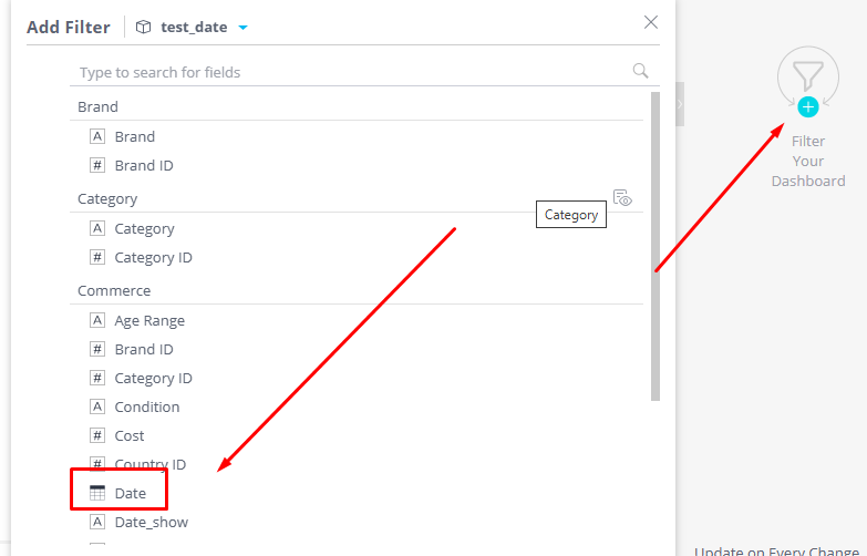 ALT Text: Screenshot of a user interface showing an "Add Filter" section. There are fields labeled "Brand," "Category," "Commerce," and "Date" with checkboxes beneath each. A red arrow points towards the "Date" filter option, and another arrow points to a filter icon in the top right corner.