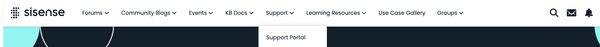 An image of the top navigation bar of the Sisense Community, showing the Support option dropped down and Support Portal highlighted