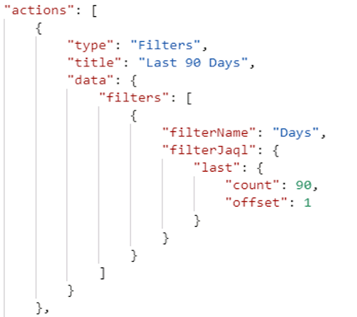JSON code snippet showing filter settings for a data query, titled "Last 90 Days," with a filter on days, count of 90, and offset of 1.