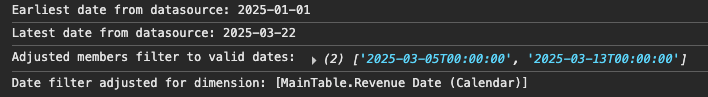 Console Output of Script modifying filter to match data date range