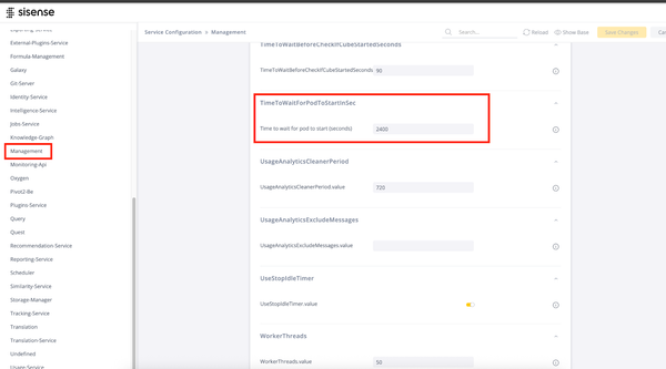 Screenshot of a Sisense interface showing service configuration settings under 