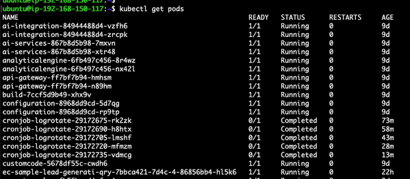 Terminal screenshot showing `kubectl get pods` command output. Lists 17 Kubernetes pods with names, readiness, status (running or completed), restarts, and age.