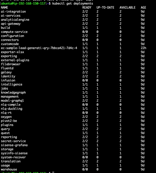 A terminal window displaying Kubernetes deployments with columns: NAME, READY, UP-TO-DATE, AVAILABLE, and AGE. Some services show zero availability.