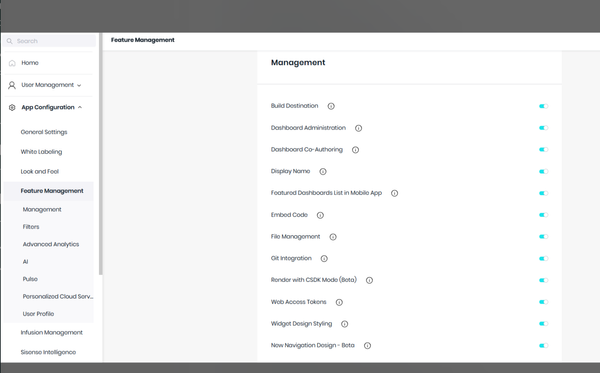 Dashboard interface showing the 'Feature Management' section. A list of features, each with an on/off toggle switch, is displayed. The sidebar menu on the left lists various configuration options, such as User Management and App Configuration."