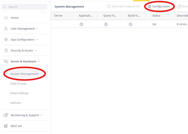 Interface screenshot of a system management panel. The sidebar highlights 