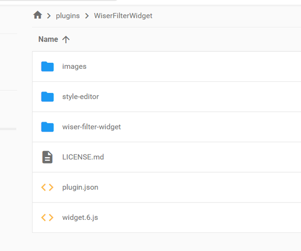A file directory for "WiserFilterWidget" with folders: images, style-editor, wiser-filter-widget, and files: LICENSE.md, plugin.json, widget.6.js.