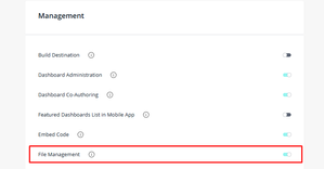 Management options screenshot with toggle switches, including Dashboard Administration and File Management, highlighted in red with toggles active.