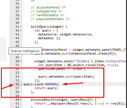 Screenshot of a code snippet highlighted in red, showing a JavaScript function related to query building. Key elements include the number 999999 assigned to 'query.count' and a comment labeled 'Sisense Intelligence.' The image conveys a technical and analytical tone.