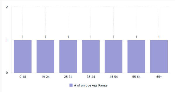 Bar chart showing uniform distribution across age ranges 0-18 to 65+, each with a value of 1. The bars are light purple, indicating unique age range count.