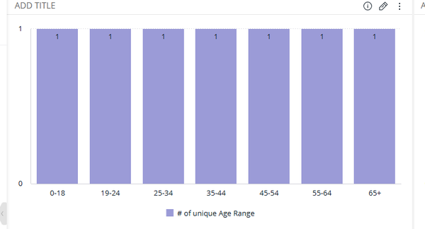 Bar chart showing uniform distribution across age ranges: 0-18, 19-24, 25-34, 35-44, 45-54, 55-64, and 65+. Each bar represents the number 1.