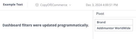 Dashboard message reads “Dashboard filters were updated programmatically” with pivot table showing brand 