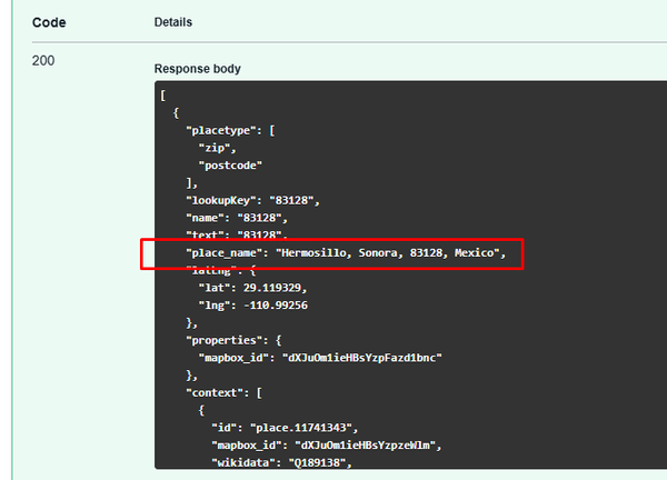 Screenshot of a JSON response featuring location data. Highlighted is "place_name" with the value "Hermosillo, Sonora, 83128, Mexico."