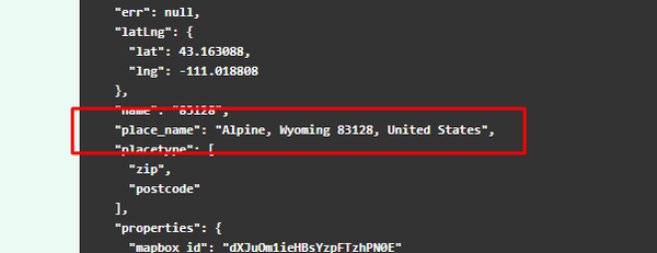 Highlighted code snippet with location data shows a "place_name" attribute for Alpine, Wyoming, 83128, USA, framed in a red box.