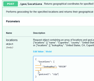 Alt text: API documentation interface showing a POST request to "/geo/locations" for geocoding. Includes a request object with a location lookup.
