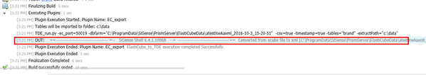 Screenshot of a software build log showing plugin execution details. A highlighted section indicates successful file conversion from cube to XML format.