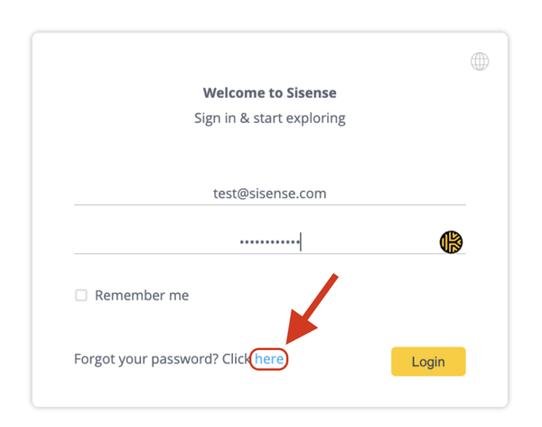 Login interface for Sisense, with email and password fields. A red arrow highlights the “Forgot your password? Click here” link.