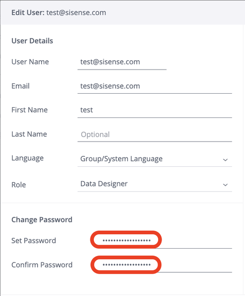 Form interface for editing user details, including email, language, and role. Password fields are highlighted, suggesting a change. Professional tone.