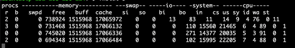 A terminal screen shows system statistics, including processes, memory, and CPU usage. The data is organized in columns with numerical values.