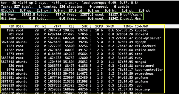 Terminal screenshot displaying system performance via the "top" command. Shows CPU, memory usage, and running processes with details like PID and %CPU.