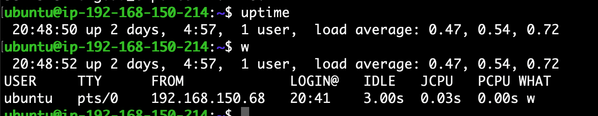 Terminal window displays system uptime and user info. System is up for 2 days, load average is 0.47, 0.54, 0.72, with 1 active user.