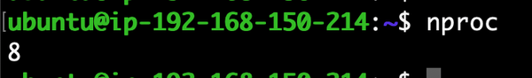 Terminal screen showing a Linux command prompt. The user types "nproc" to check the number of processing units, returning the output "8."