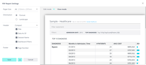 Alt text: "PDF report settings window showing healthcare data sample with a list of top 10 diagnoses, including bypass and corresponding patient statistics."