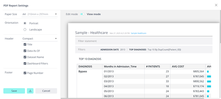 Alt text: "PDF report settings window showing healthcare data sample with a list of top 10 diagnoses, including bypass and corresponding patient statistics."