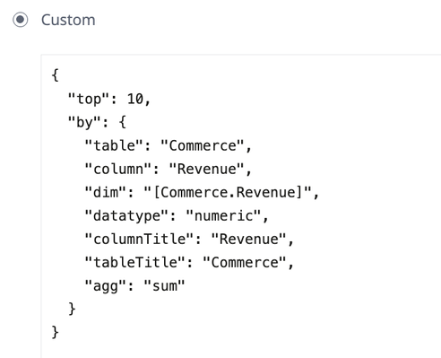 Alt text: JSON code snippet displaying parameters for data aggregation. It specifies 