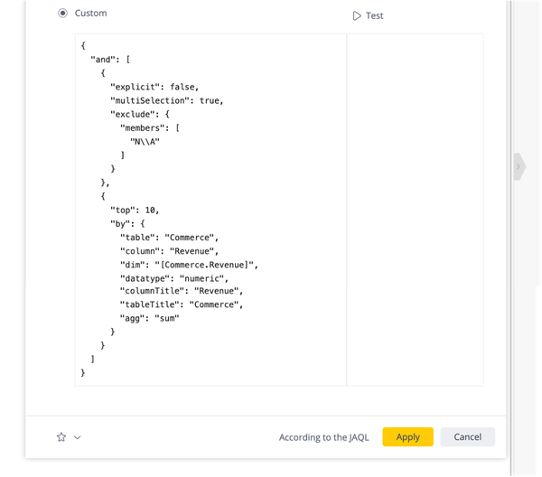 Screenshot of a code editor displaying a JSON query. It includes conditions to filter and aggregate revenue data from a 