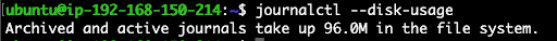 Linux terminal displaying a "journalctl" command output. It shows archived and active journals occupying 96.0M in the file system.