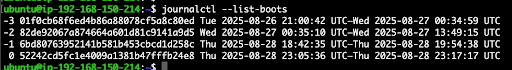 Alt text: Terminal window displaying system boot logs with timestamps and hash IDs, showing system command output in a black and green interface.