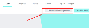 User interface screenshot showing a highlighted "Connection Management" tab under a "Data" menu. A red arrow points toward this option.
