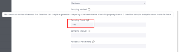 The image shows a software settings interface with a highlighted "Sampling Count" field set to 100, defining the max records for schema generation.