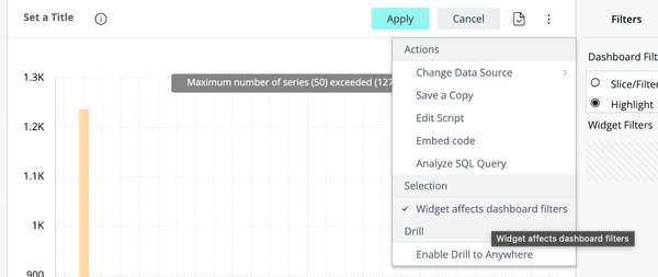A data dashboard with a vertical bar graph shows a message that the maximum number of series is exceeded. A dropdown menu displays filter options.