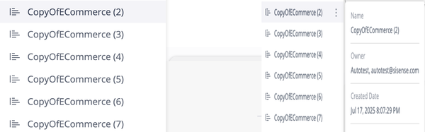File navigation interface showing multiple folders labeled "CopyOfECommerce" with numbers in parentheses. A sidebar shows details for CopyOfECommerce (2).