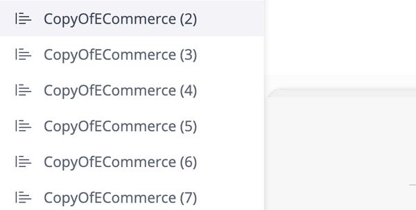 The image shows a list of files named "CopyOfECommerce" with sequential numbers in parentheses from 2 to 7, indicating multiple file duplicates.