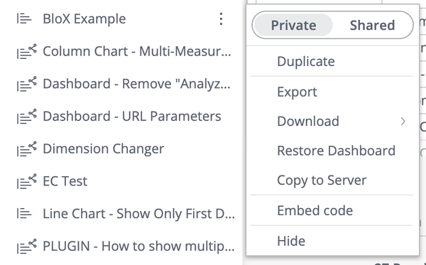 Dashboard menu showing options like "BloX Example," "Column Chart," and "Dashboard - URL Parameters." A dropdown with "Private" and export options is open.
