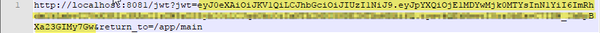 Highlighted text showing a local URL with a JWT token in a code editor. The background is gray, and text is highlighted in yellow, suggesting emphasis.