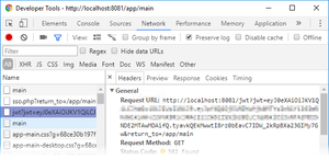 Alt text: "Screenshot of Chrome Developer Tools Network tab shows a request URL with JWT parameters and response details, indicating an HTTP GET method."