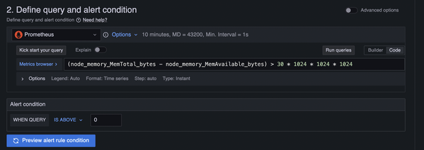 Screenshot of a Prometheus alert setup interface. A query is defined to alert when memory usage exceeds 30 gigabytes. The interface has dark tones.