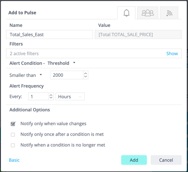 "Interface for setting an alert in a data application, labeled 'Add to Pulse.' It includes fields for 'Name' and 'Value' with filters, threshold conditions, and alert frequency options. The user can set alerts for when a value drops below 2000, with notification options, including value changes and conditions. Buttons labeled 'Add' and 'Cancel' are at the bottom."