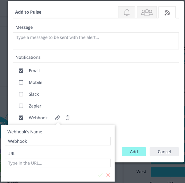 Interface screenshot showing "Add to Pulse" alert setup. Options for notifications include Email, Mobile, Slack, Zapier, and Webhook. Webhook details are being entered.