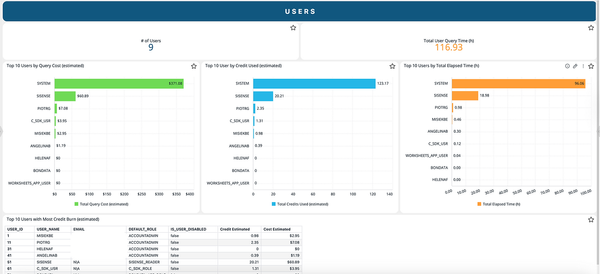 Dashboard displaying user metrics. Three bar graphs show users by query cost, credit used, and total elapsed time. Below is a table with user details. Tone is analytical.