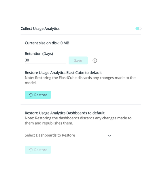 Settings interface for usage analytics. Options include data retention of 30 days, ElastiCube and dashboard restoration, with toggle switches and restore buttons.
