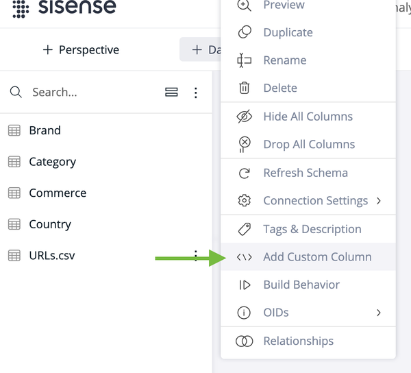 Screenshot of the Sisense interface showing a dropdown menu. "Add Custom Column" is highlighted with a green arrow pointing from "URLs.csv".