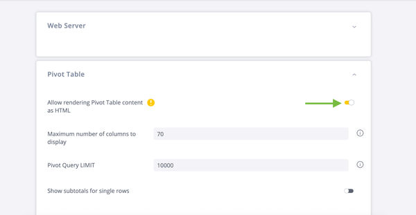Settings interface showing "Pivot Table" options. "Allow rendering Pivot Table content as HTML" toggle is on. Max columns set to 70, query limit 10000.