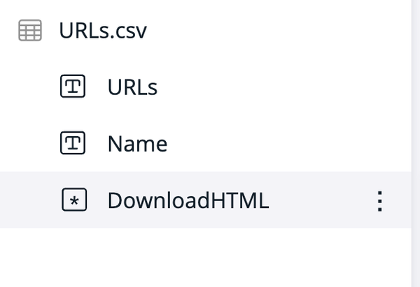 A file list showing a CSV file named "URLs.csv" containing columns "URLs" and "Name," along with an option labeled "DownloadHTML."